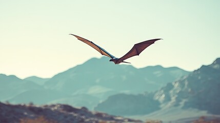 Fototapeta premium A bat soaring gracefully over a mountainous landscape under a clear sky.