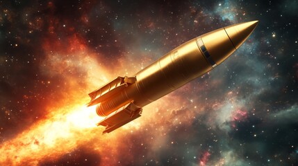 A sleek golden rocket propels through a vibrant space backdrop, emitting fiery trails, symbolizing adventure and exploration.