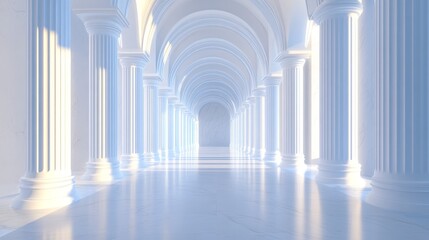 Sunlit classical colonnade hallway.