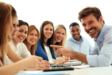 Fototapeta premium Smiling team leader pointing at a laptop screen during a collaborative meeting, diverse team engaged and nodding.