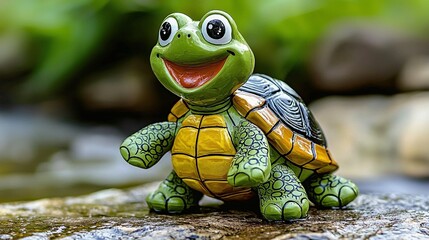 Fototapeta premium Happy ceramic turtle garden statue, outdoors, nature background, kids decor