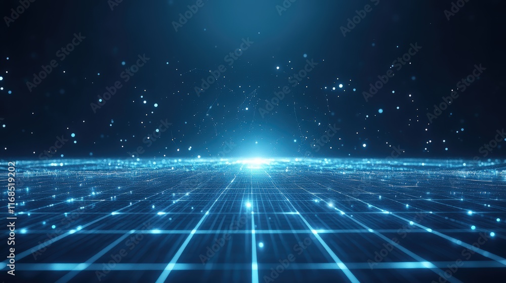 Poster digital horizon: a mesmerizing blue grid shimmers with ethereal particles, radiating an otherworldly