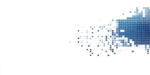 Abstract blue pixelated design dissolving into white background.