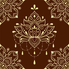 Seamless decorative ornament in ethnic oriental style. Lotus flower and mandala for Henna, Mehndi, tattoo, decoration. Doodle outline hand draw vector illustration.