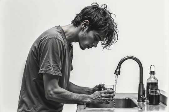 Hungover Young Man in Monochrome Filling Glass at Kitchen Sink 