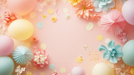 Obraz premium Pastel Balloons Flowers and Confetti Festive Background