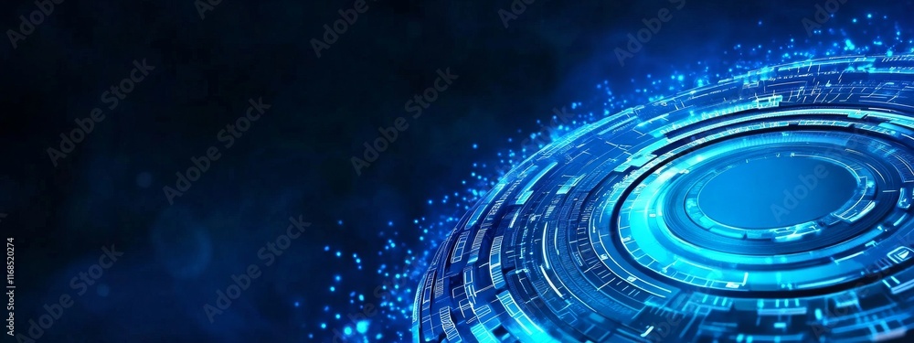 Aufkleber abstract digital gears and network connection with blue glowing light effect on dark background