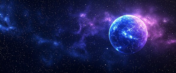 Glowing blue planet in a vibrant nebula.