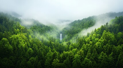Serene Forest View with Waterfall and Foggy Atmosphere