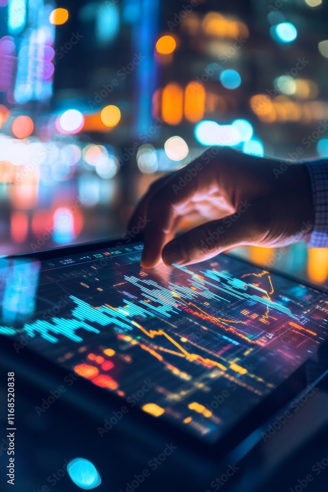 Poster hand using tablet displaying financial data at night.