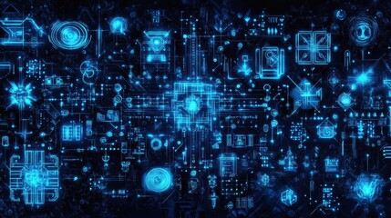 Fototapeta premium An abstract composition of logic symbols, including AND, OR, and XOR gates, illuminated in bright digital blue