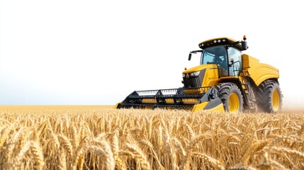 Obraz premium A yellow tractor harvesting wheat in a golden field.