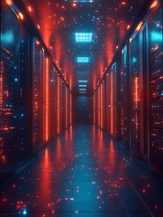 Fototapeta premium Neon-lit server room corridor. (2)