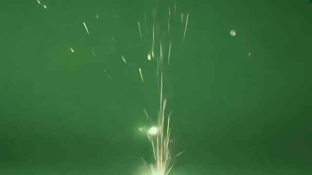 Bright fiery sparks cascade dramatically vivid green backdrop creating intense captivating chroma key animation effect