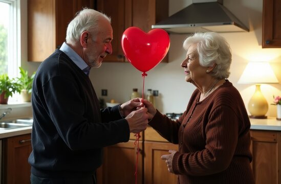 A gray-haired elderly man with glasses gives an elderly smiling woman a red foil balloon in the shape of a heart, with a kitchen in the background. Valentine's Day or International Women's Day