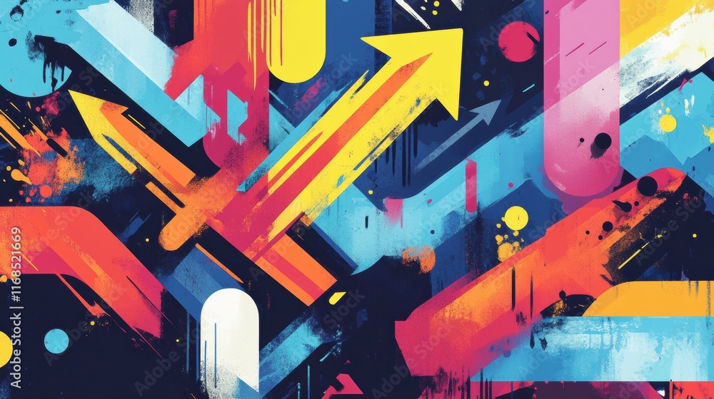 Poster an abstract design featuring arrow motifs pointing in chaotic yet artistic directions