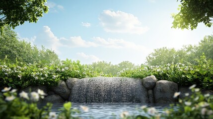 Naklejka premium Tranquil Waterfall in a Lush Green Landscape