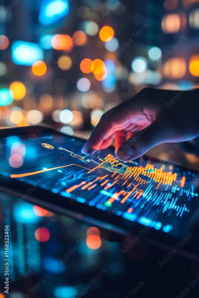 Poster hand using tablet displaying data at night.