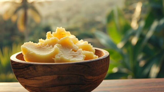 Freshly made shea butter in a wooden bowl with a tropical background during sunset