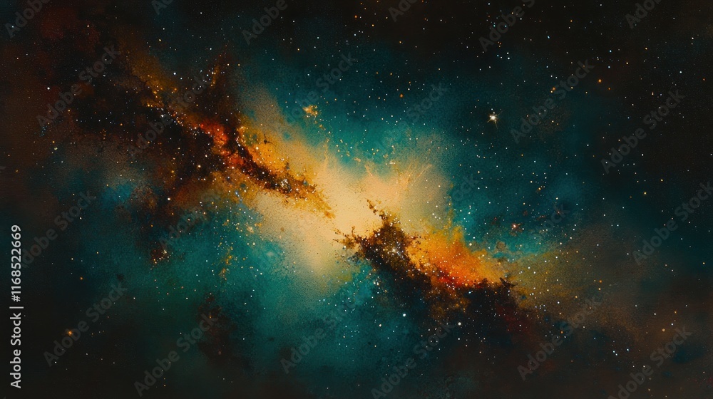 Poster colorful nebula with bright center and dark surrounding space.