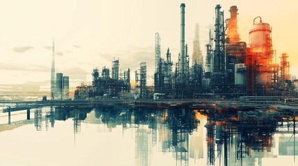 Naklejka premium factory, industry, oil, refinery, plant, industrial, pollution, sunset, power, gas, chemical, energy, sky, chimney, smoke, night, tower, environment, silhouette, river, city, landscape, sunrise, fuel,