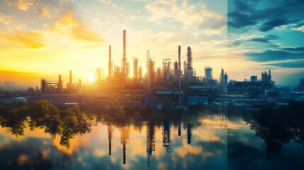 Naklejka premium factory, industry, oil, refinery, plant, industrial, pollution, sunset, power, gas, chemical, energy, sky, chimney, smoke, night, tower, environment, silhouette, river, city, landscape, sunrise, fuel,