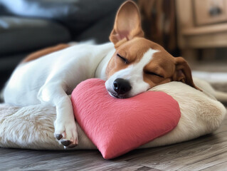 Naklejka premium piesek śpiący na poduszce w kształcie serca