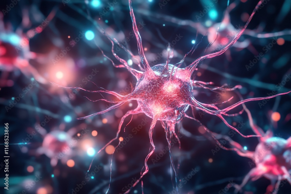 Poster close-up view of glowing neurons in a vibrant neural network at microscopic level