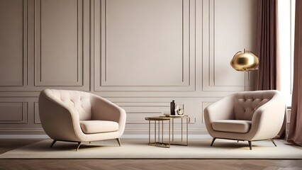 Stylish modern armchairs in a classic room with structured walls.
