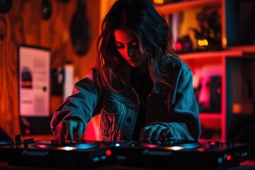 Gen Z girl at a hip vinyl lounge, DJing a set, trendy outfit, low-light, retro and cool ambiance, focused on spinning records