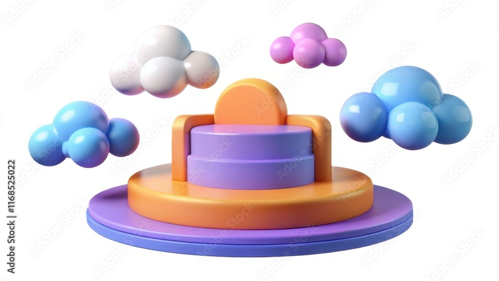 Poster a colorful, abstract 3d scene featuring rounded shapes and fluffy clouds, creating a whimsical and p