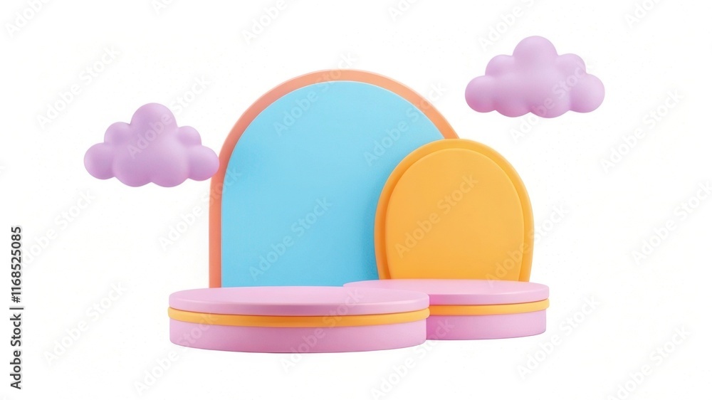 Poster a minimalist display featuring colorful geometric shapes and playful clouds, creating a cheerful and