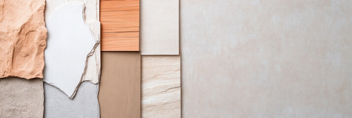 variety of textured materials including stone, wood, and plaster arranged in flat lay