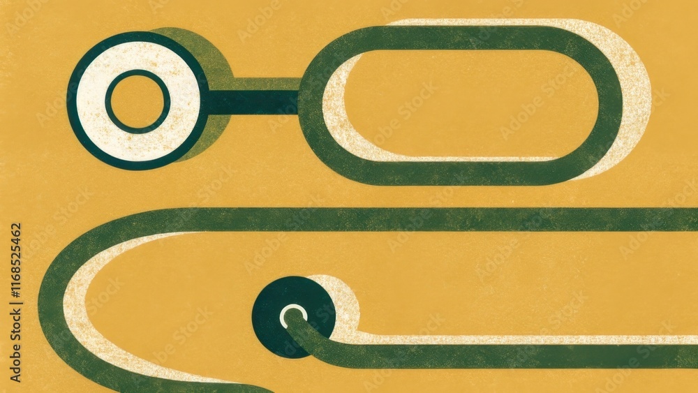 Poster abstract design featuring curved lines and circular shapes in contrasting colors against a yellow ba