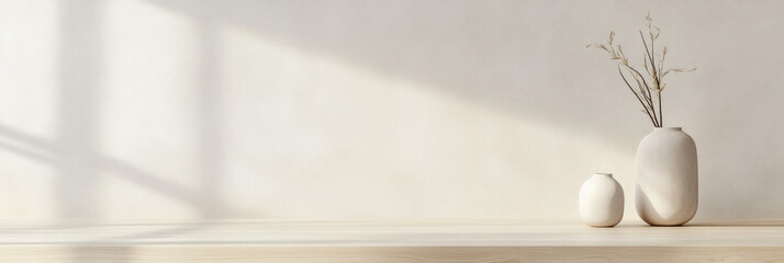 Minimalist ceramic vases with dried branches on wooden table in soft natural light