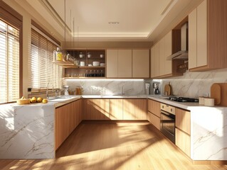 Modern L Shaped Kitchen With Marble Countertops And Wood Cabinets