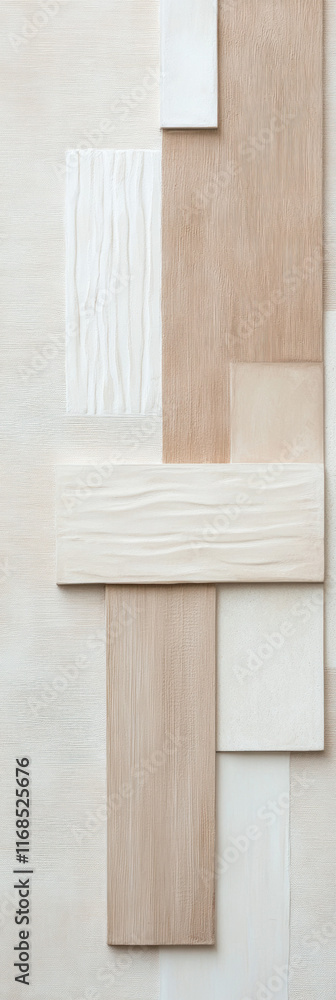 Poster Neutral toned abstract wooden panel art with textured patterns and layered geometric shapes