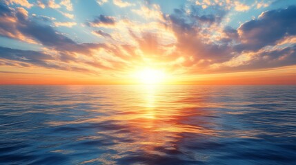 Fototapeta premium A stunning sunset over the ocean, with vibrant colors reflecting on the water and scattered clouds enhancing the serene atmosphere.