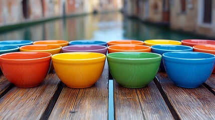 Colorful ceramic bowls on wooden surface with blurred canal background.