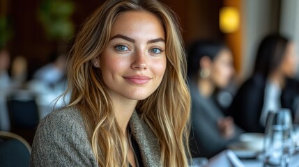 Fototapeta premium Portrait of a smiling young woman with long blonde hair in a restaurant.