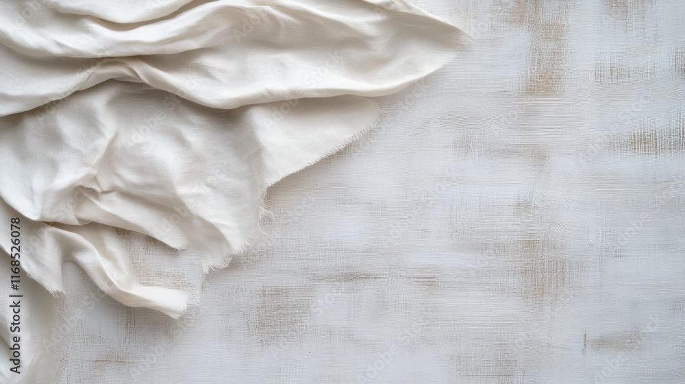 Poster soft white fabric draped on textured wooden surface, creating serene and minimalist aesthetic