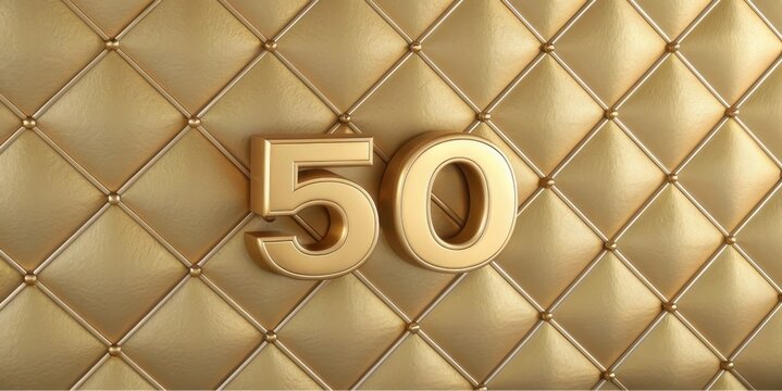 A golden background features a prominent "50" in elegant, raised numbers, suggesting a celebration or milestone.