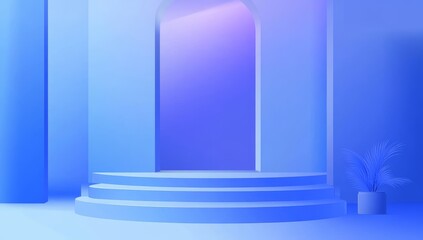 Abstract blue archway with steps and plant.