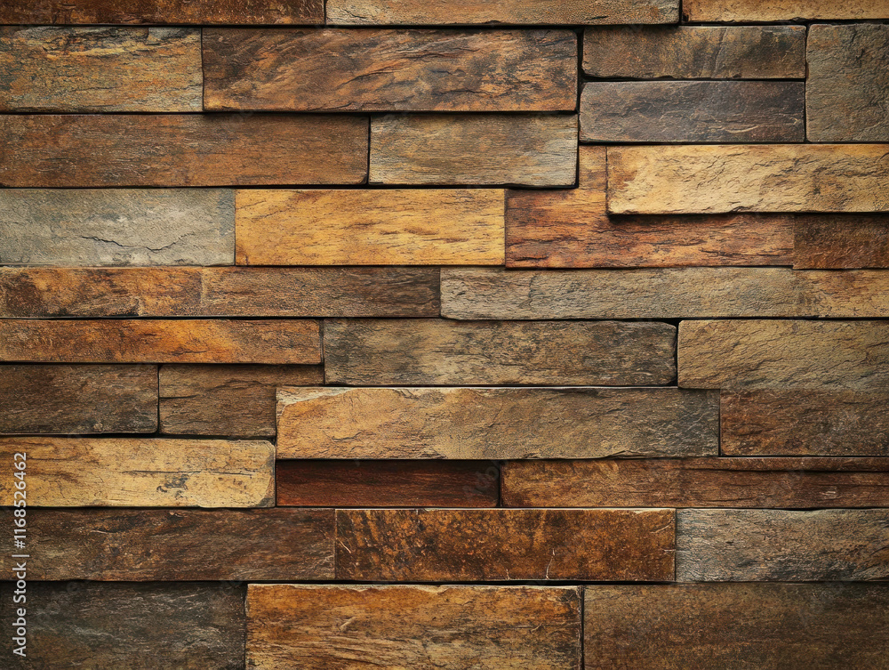 Poster textured wall made of stacked natural stone bricks in warm earthy tones, creating rustic and timeles