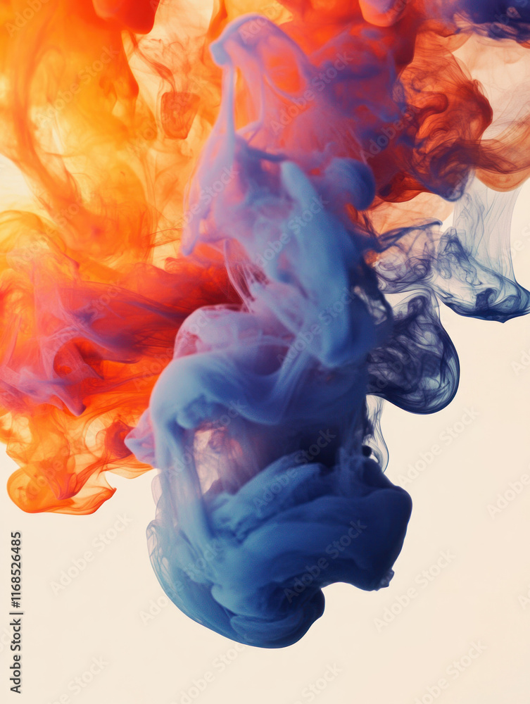 Poster vibrant swirls of orange and blue ink blend gracefully in water, creating mesmerizing abstract patte