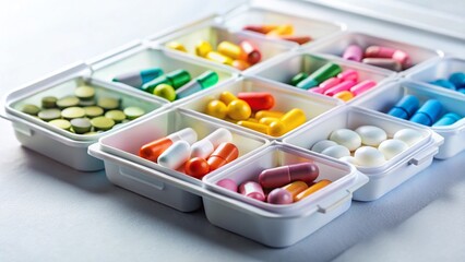 Daily Medication: Close-up of White Pill Organizer with Assorted Capsules and Tablets