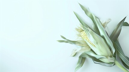 A fresh ear of corn with green husks partially peeled back, isolated on a white background.