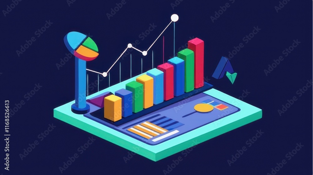 Poster a colorful, 3d illustration of a data analytics dashboard featuring bar graphs, pie charts, and a li