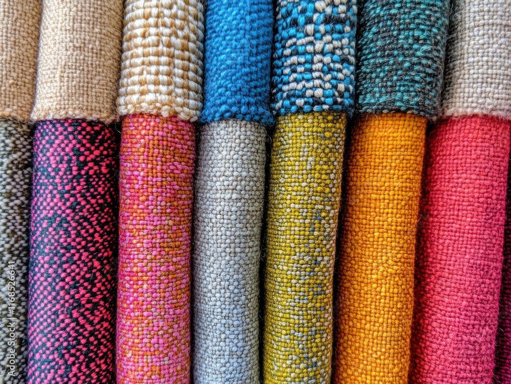 Poster colorful rolls of textured fabric arranged in row, showcasing vibrant patterns and materials