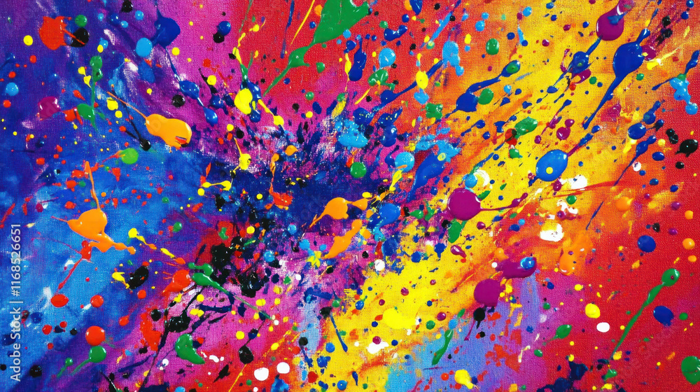 Poster vibrant abstract painting with colorful splashes of paint in various hues, creating dynamic and energetic composition